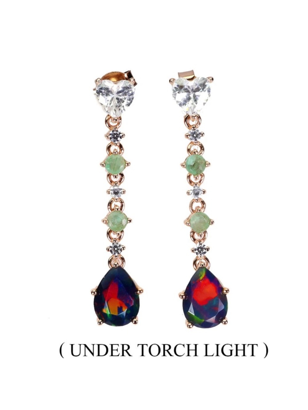 Natural Black Opal & Emerald Rose Gold over 925 Sterling Silver Dangle Earrings